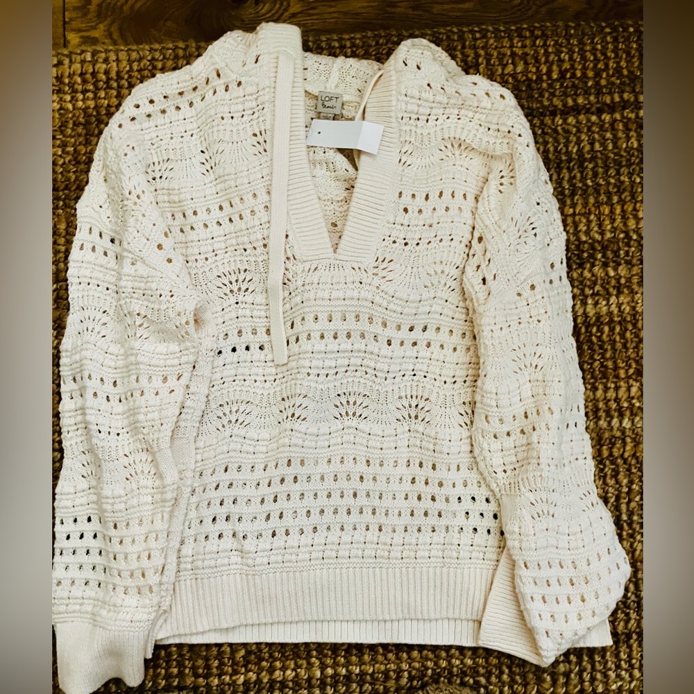 NWT LOFT Beach Pointelle Open Knit Pullover-Crochet Coverup-Whisper White-LG - Picture 2 of 10